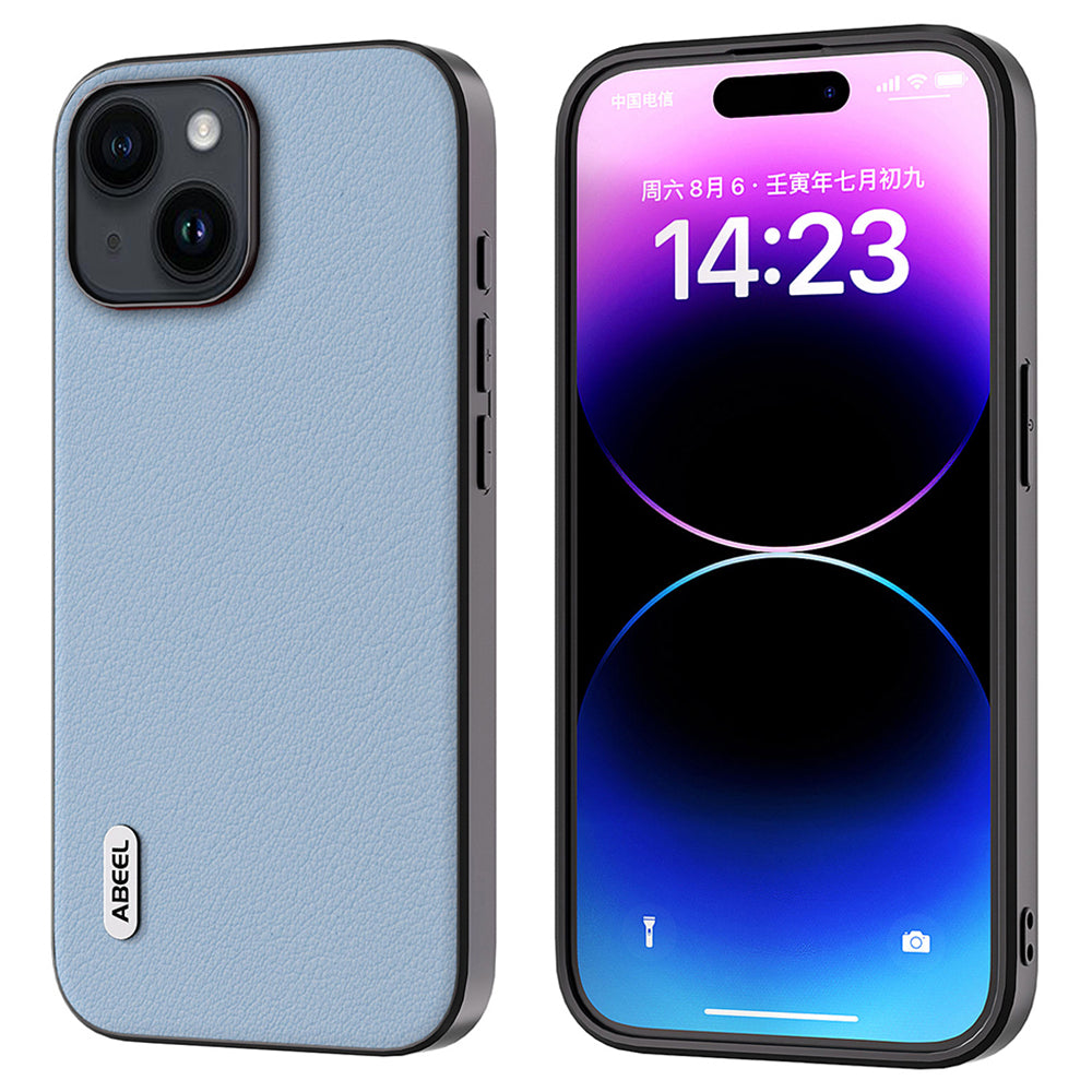 Pouzdro na mobilní telefon ABEEL pro iPhone 15 Plus s texturou z pravé hovězí kůže potažené PC TPU zadním krytem Pouzdro na mobilní telefon ABEEL pro iPhone 15 Plus s texturou z pravé hovězí kůže potažené PC TPU zadním krytem